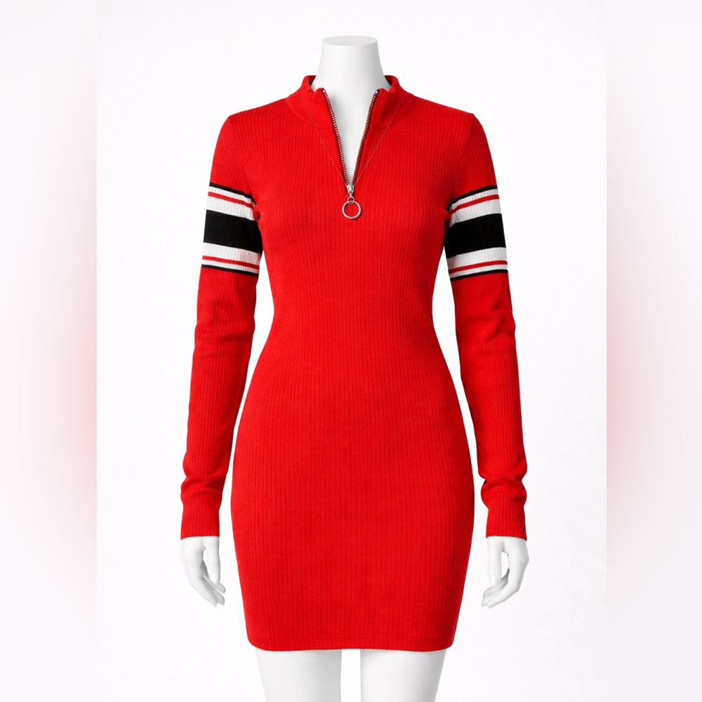 Arizona Jeans Red Ribbed Knit Bodycon Dress Small Half-Zip Mock Neck Ring Zipper